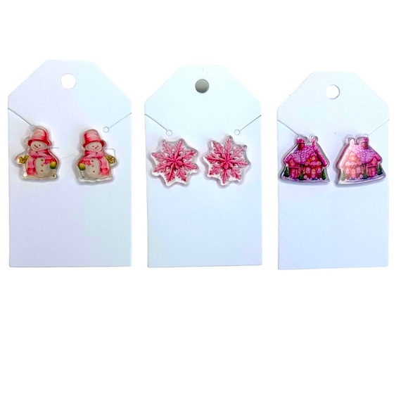 Set of 3 Pink NEW Christmas Holiday Stud Acrylic Handmade Earrings - Picture 3 of 8